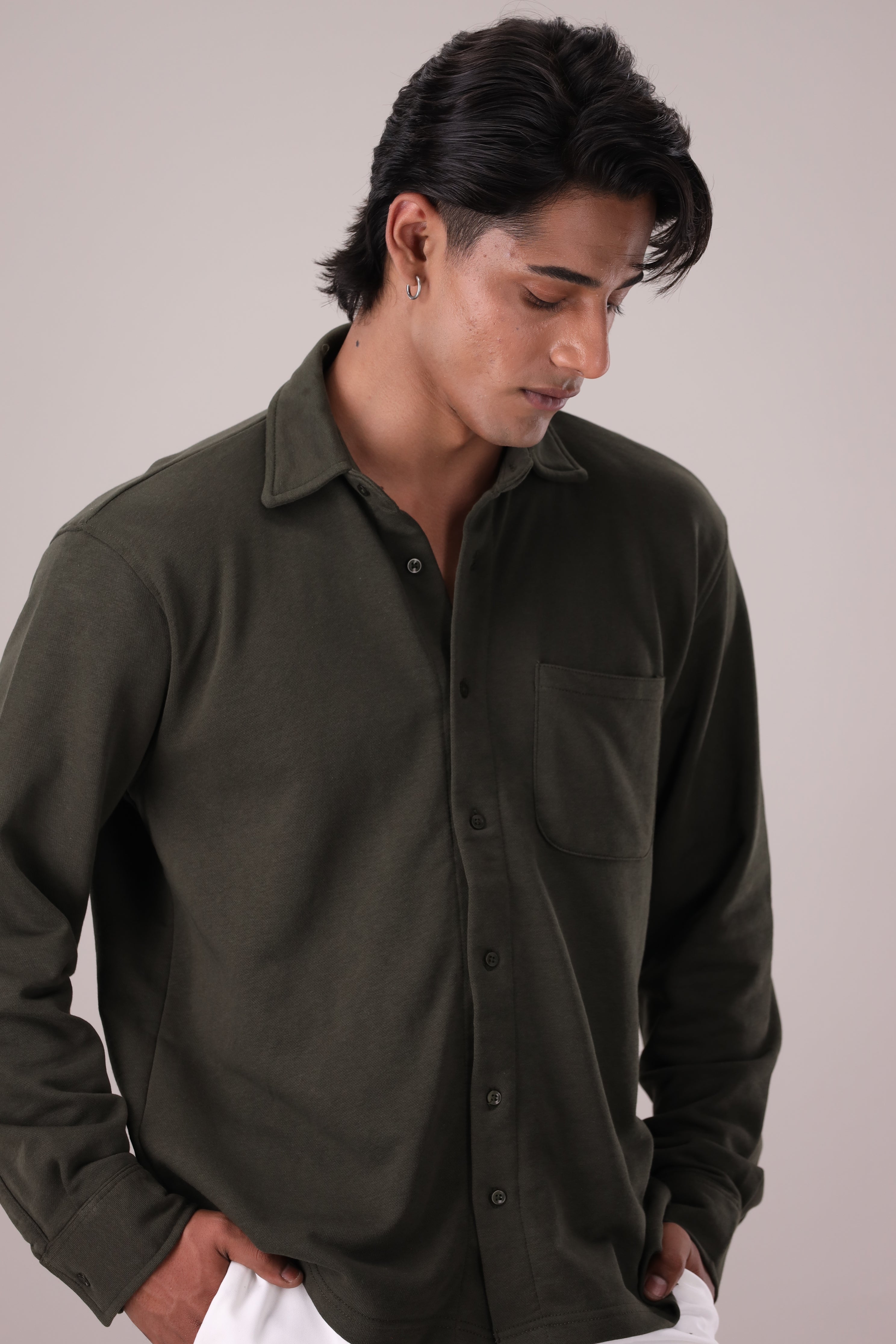 Classic Olive Green Relaxed Button Up Shirts
