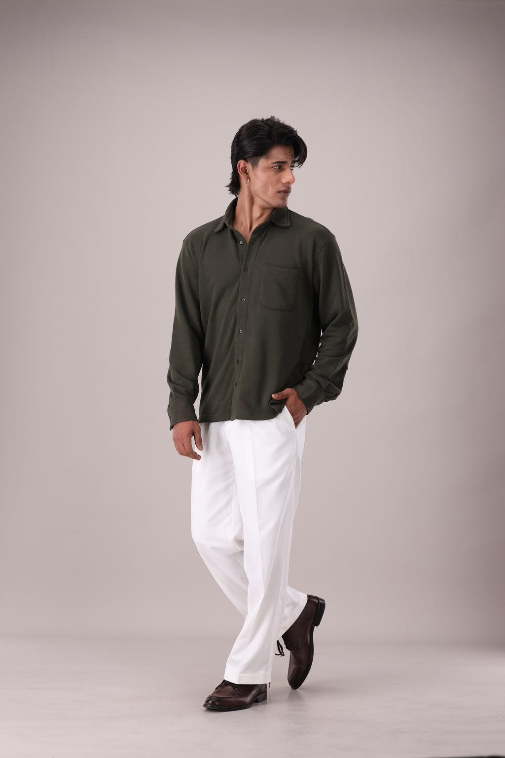 Classic Olive Green Relaxed Button Up Shirts