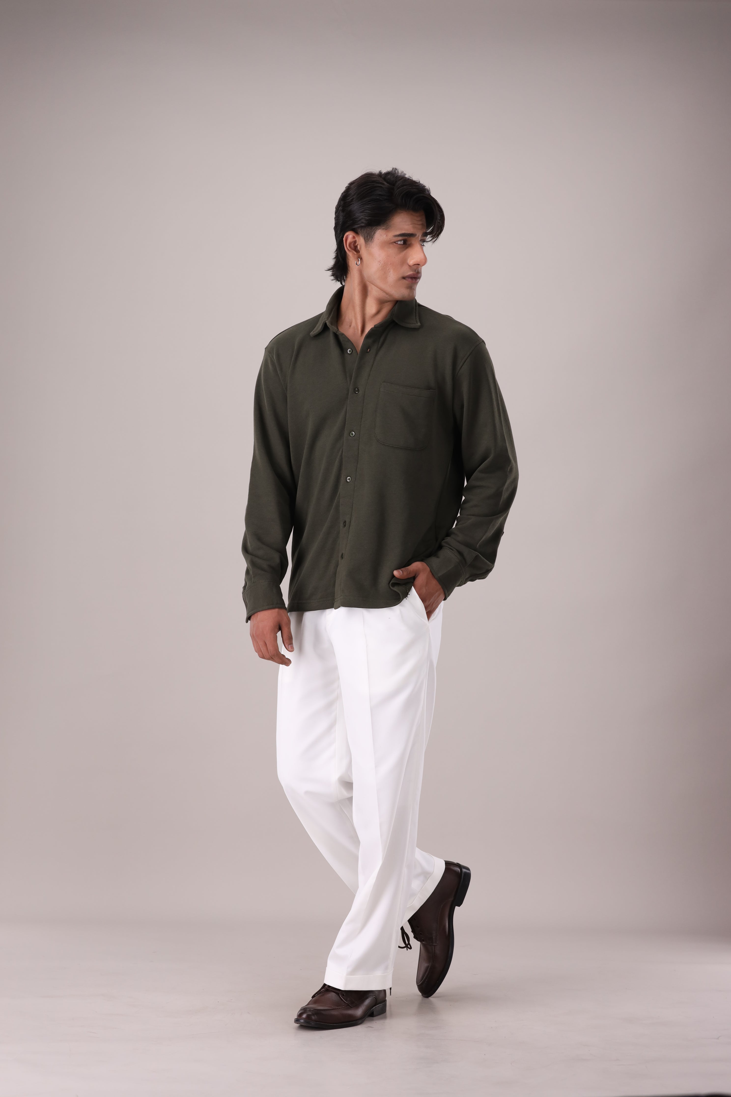 Classic Olive Green Relaxed Button Up Shirts