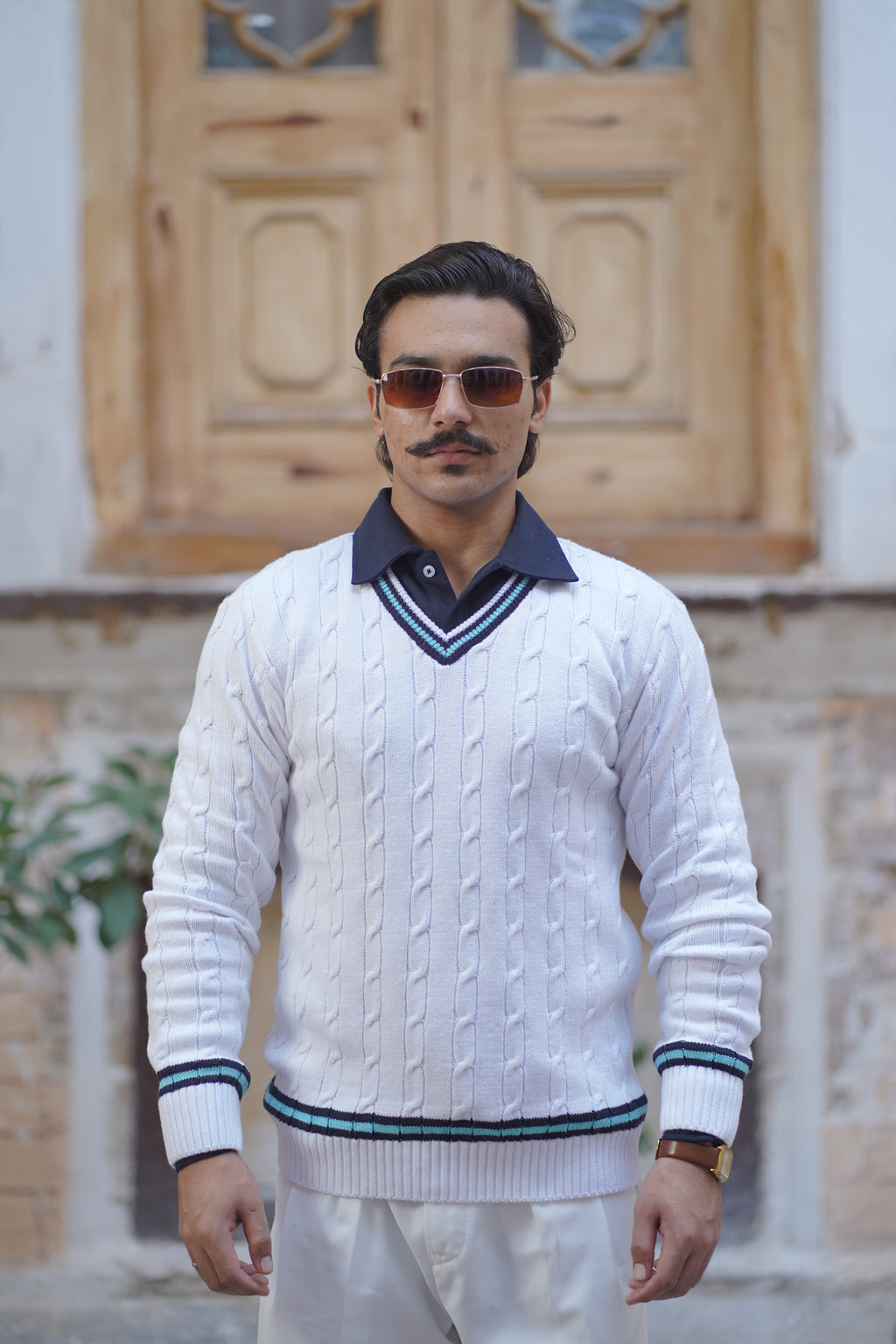 Off White Cable Knitted V-Neck Sweaters