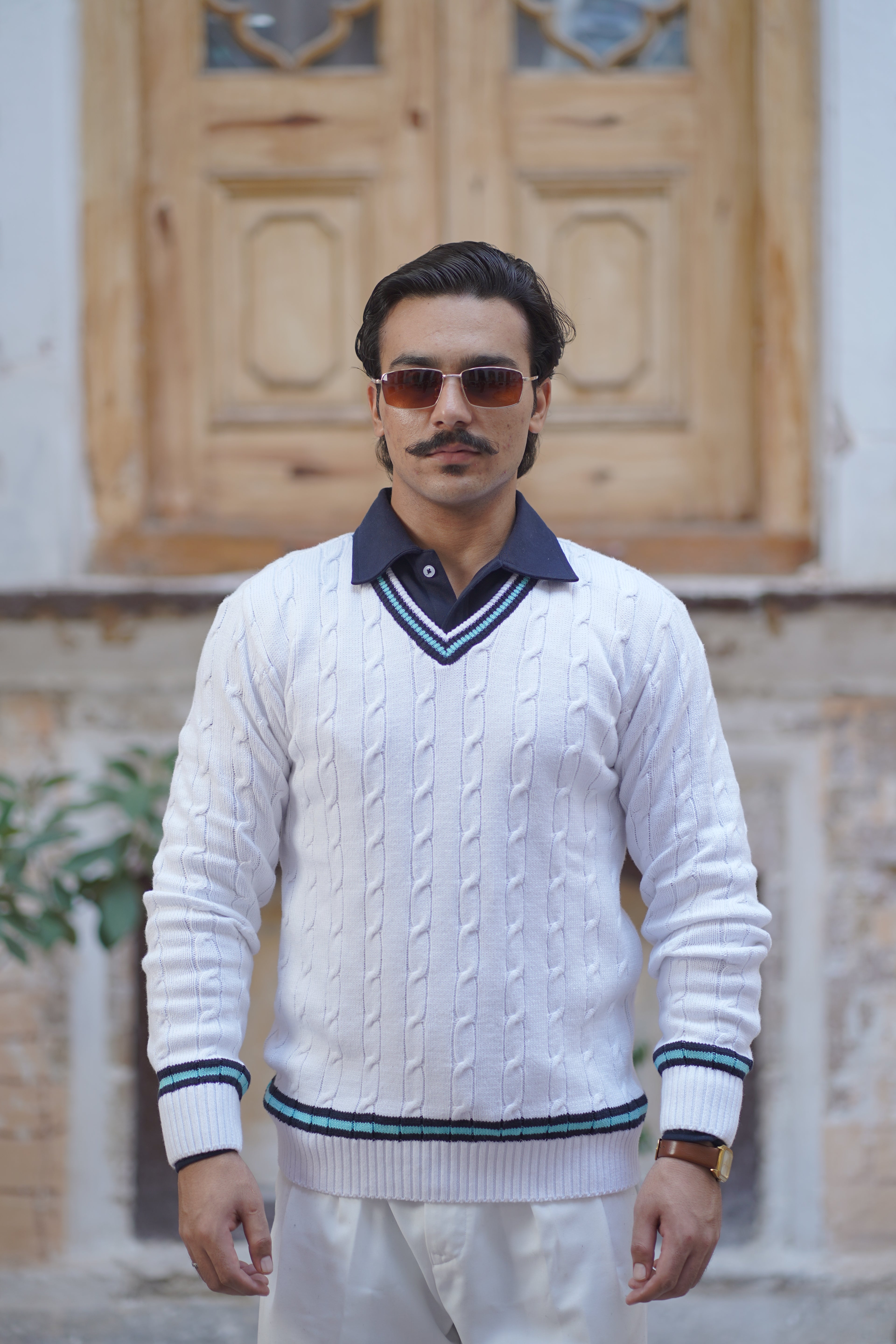 Off White Cable Knitted V-Neck Sweaters