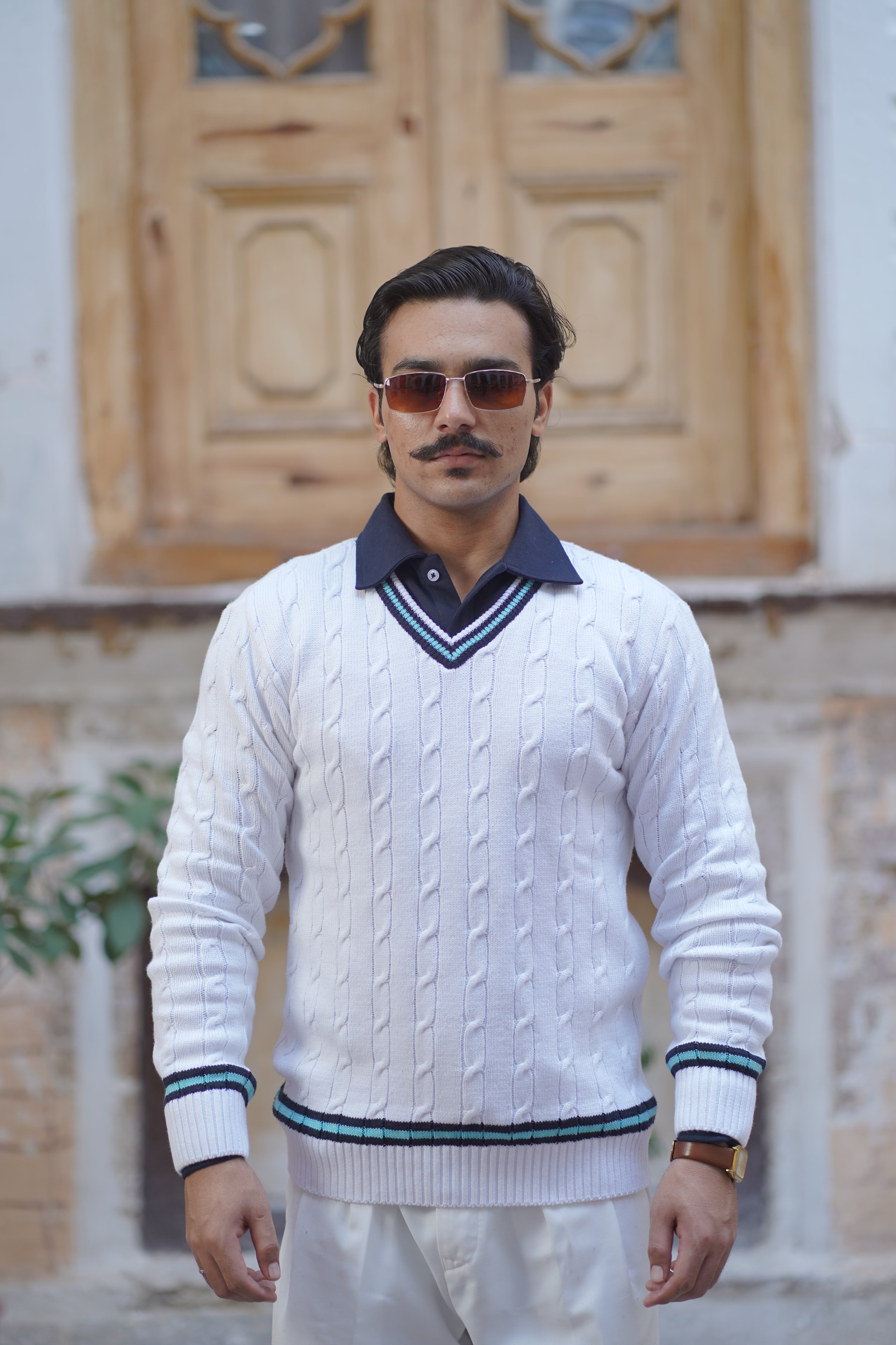 Sky blue  Cable Knitted V-Neck Sweaters