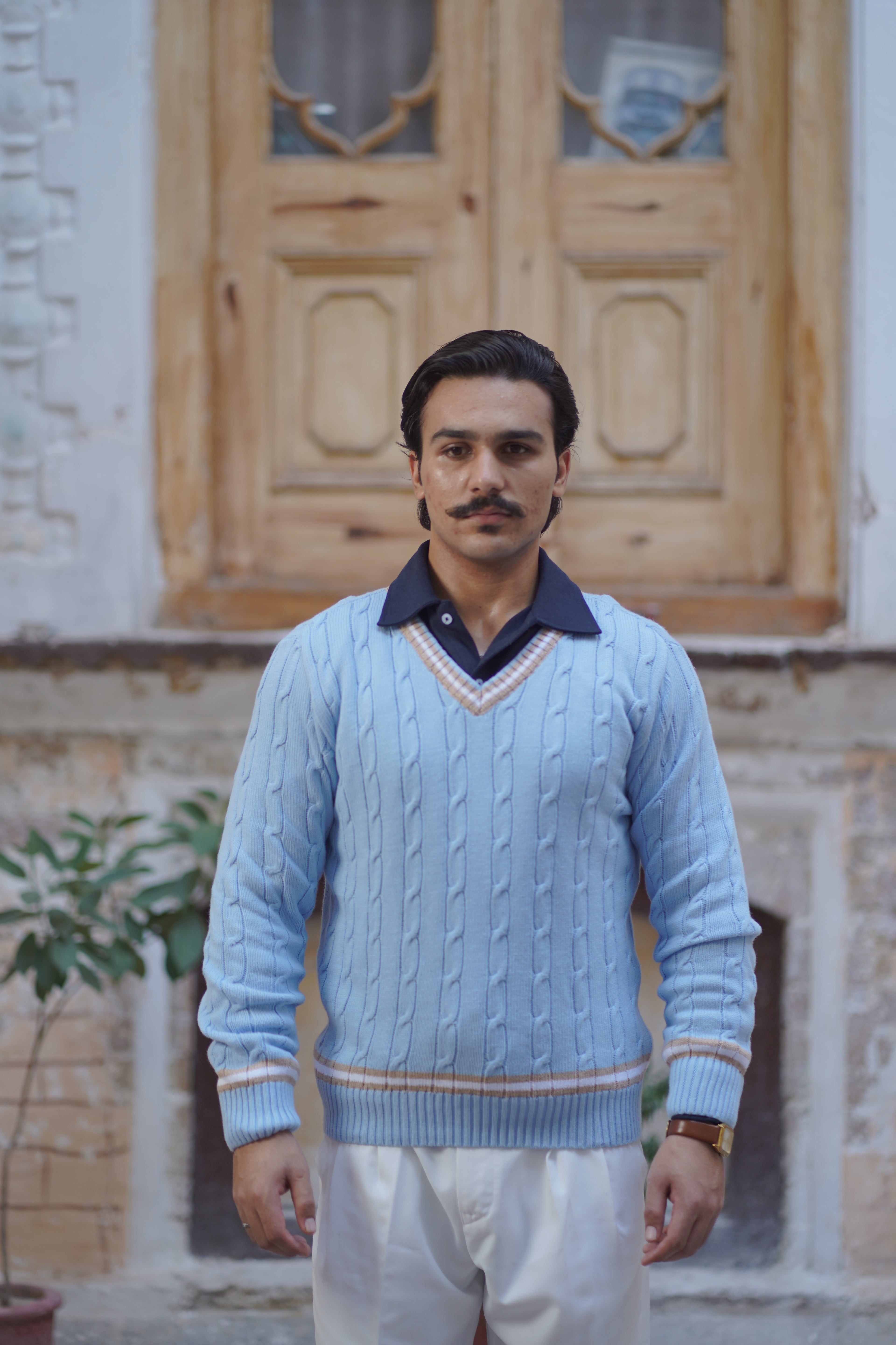 Off White Cable Knitted V-Neck Sweaters