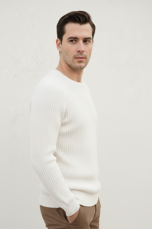 Cream Knitted Crew-Neck Sweaters