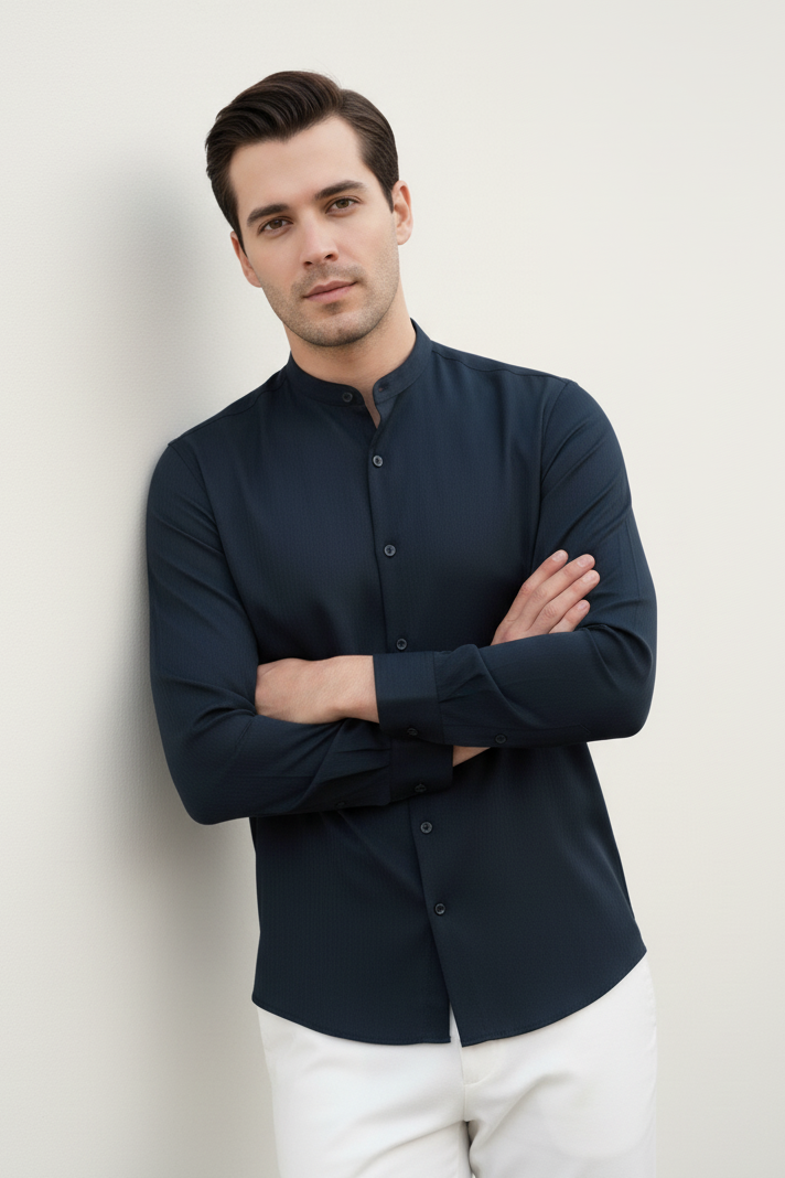 Textured Ban Collared Shirts