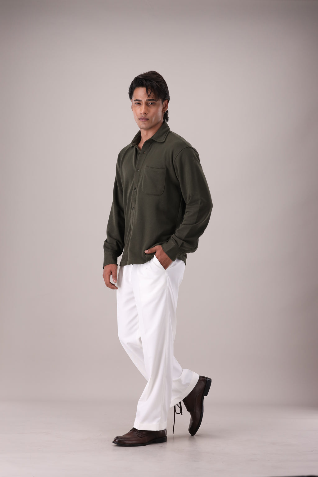 Classic Olive Green Relaxed Button Up Shirts