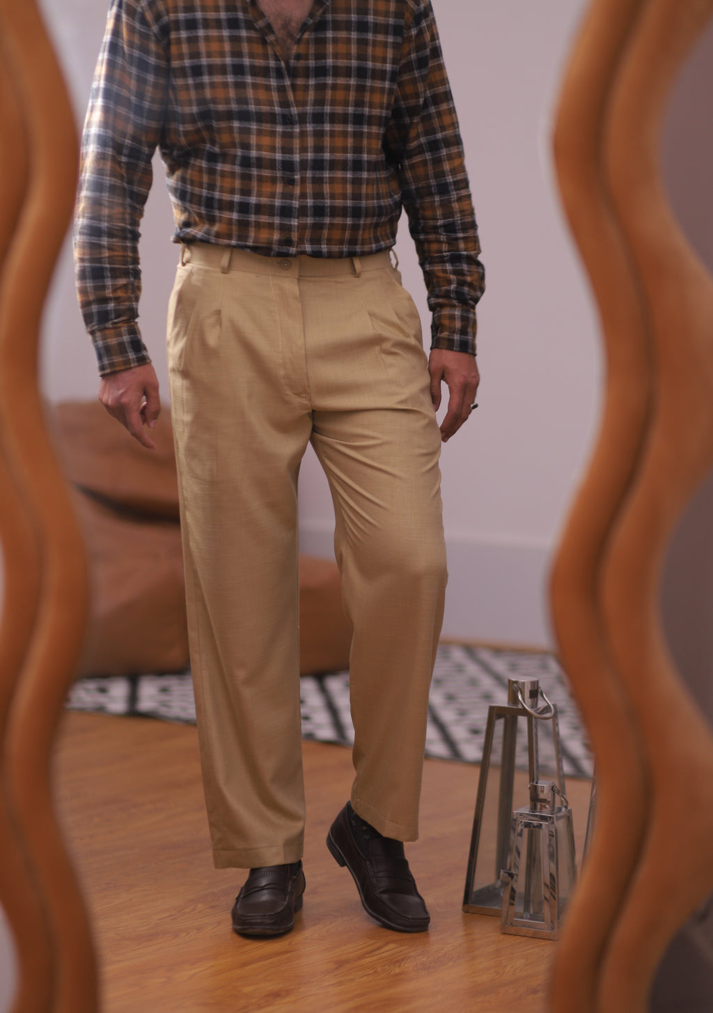 BEIGE Textured Pleated Trousers