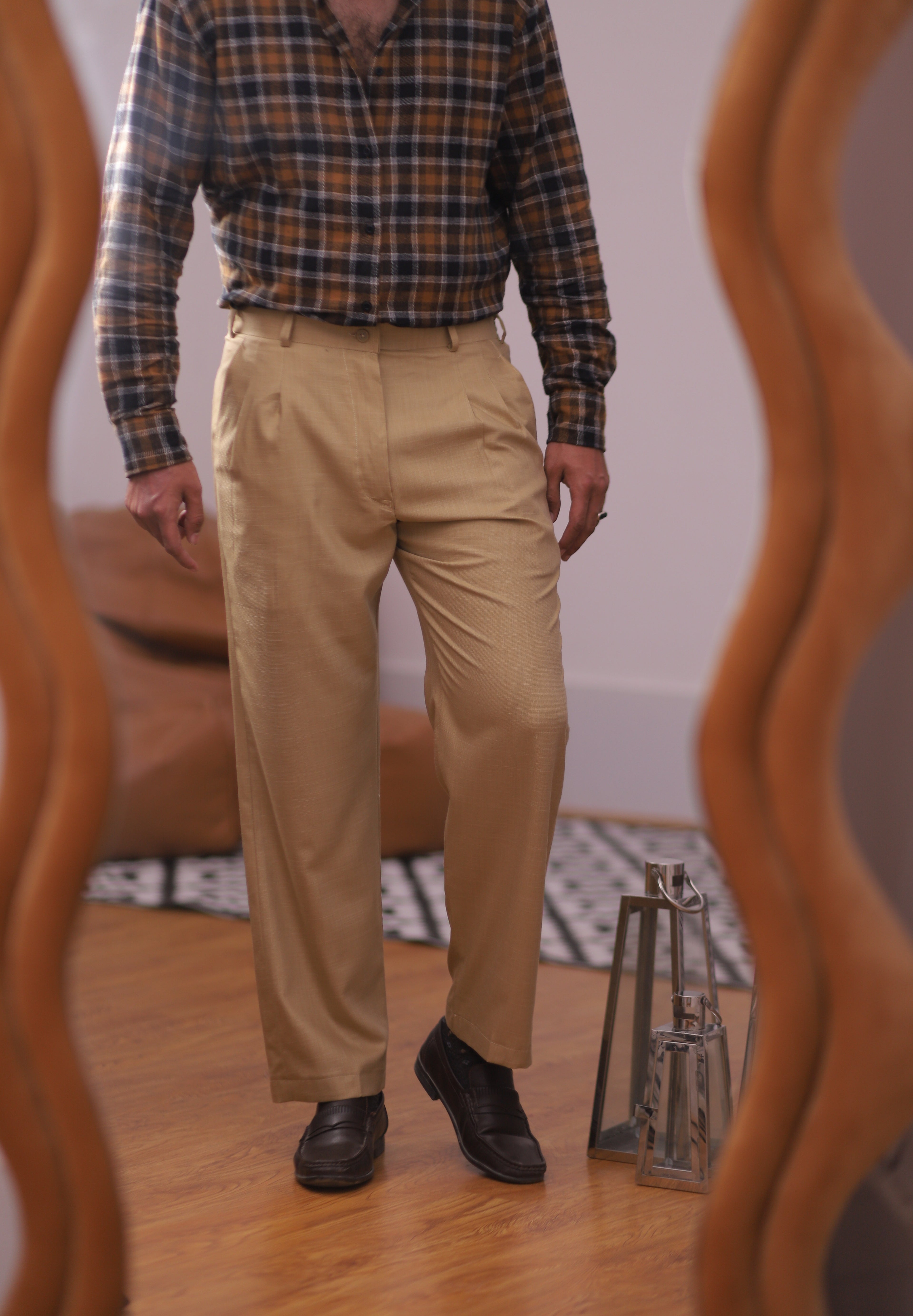 BEIGE Textured Pleated Trousers