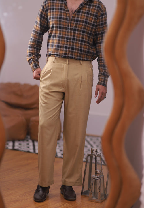 BEIGE Textured Pleated Trousers