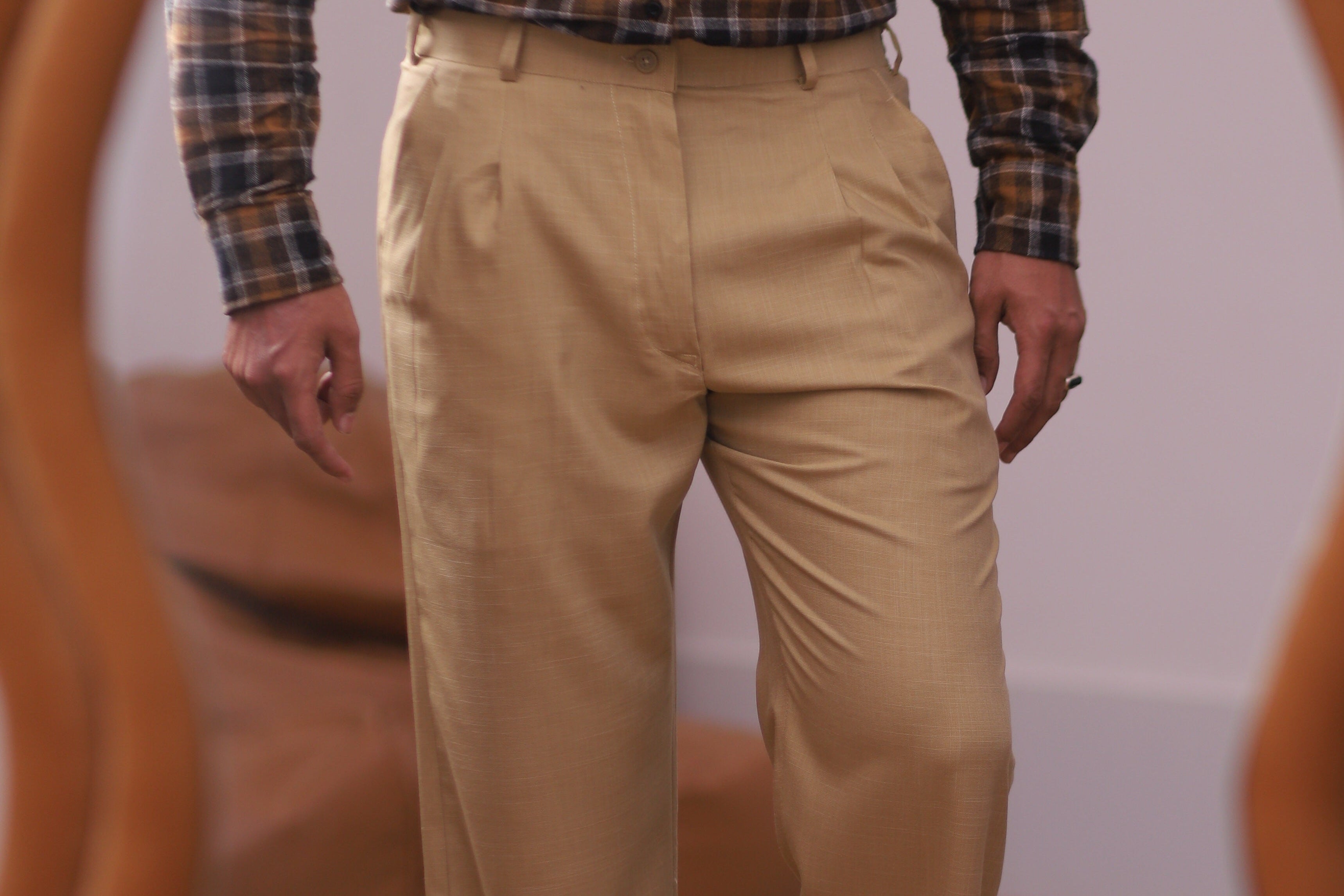 Brown Textured Pleated Trousers