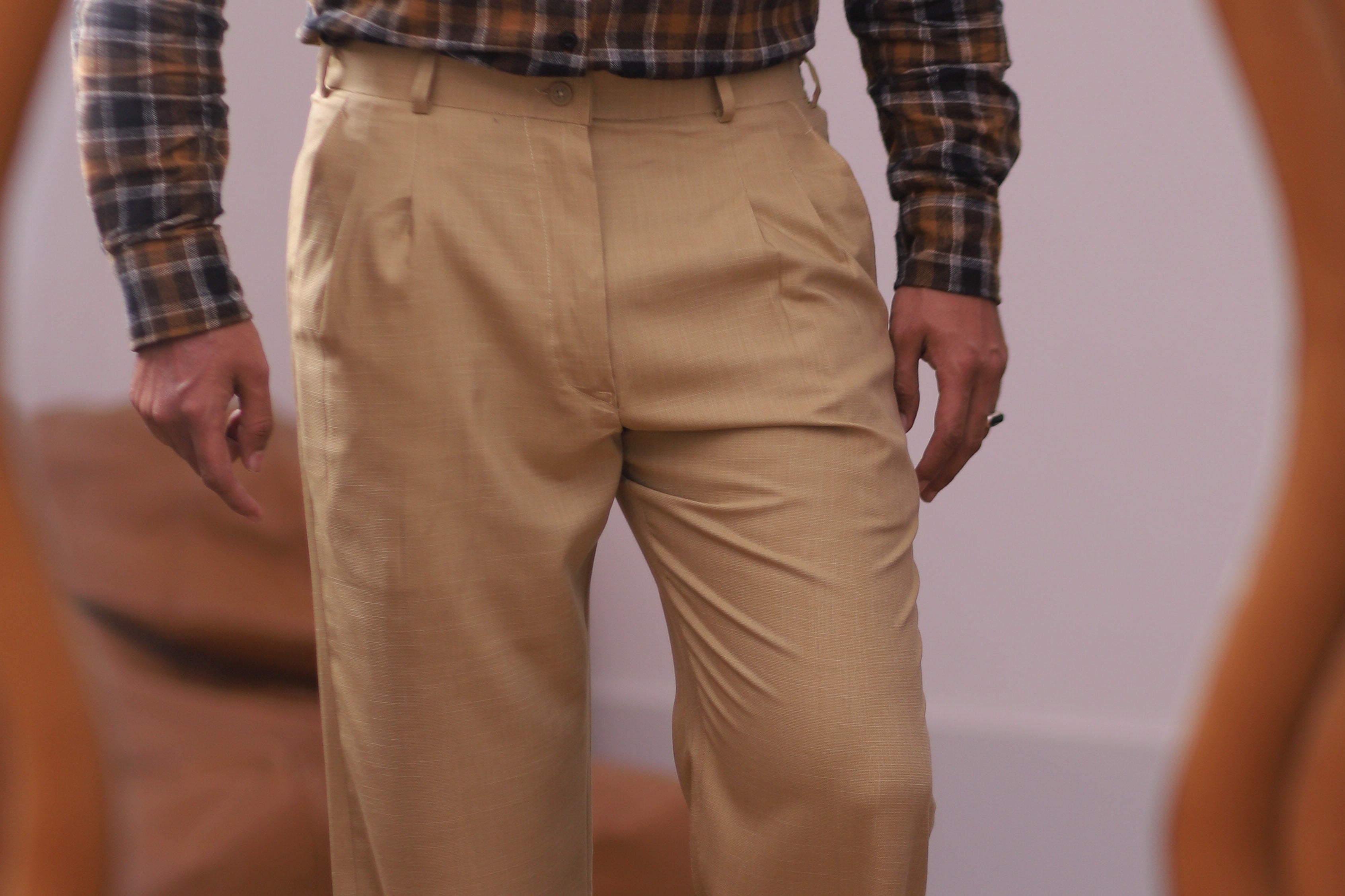 Brown Textured Pleated Trousers